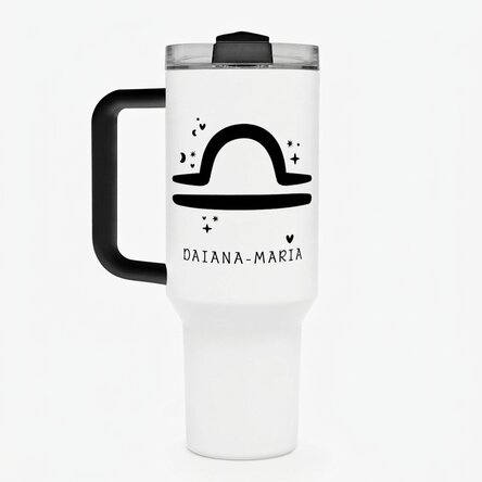 Tazza termica con manico e cannuccia personalizzata con scritta - Segno zodiacale Bilancia
