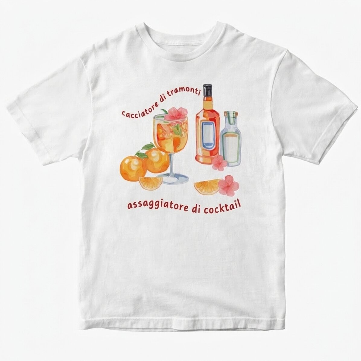 Maglietta in cotone personalizzata con scritta - Tramonto e cocktail