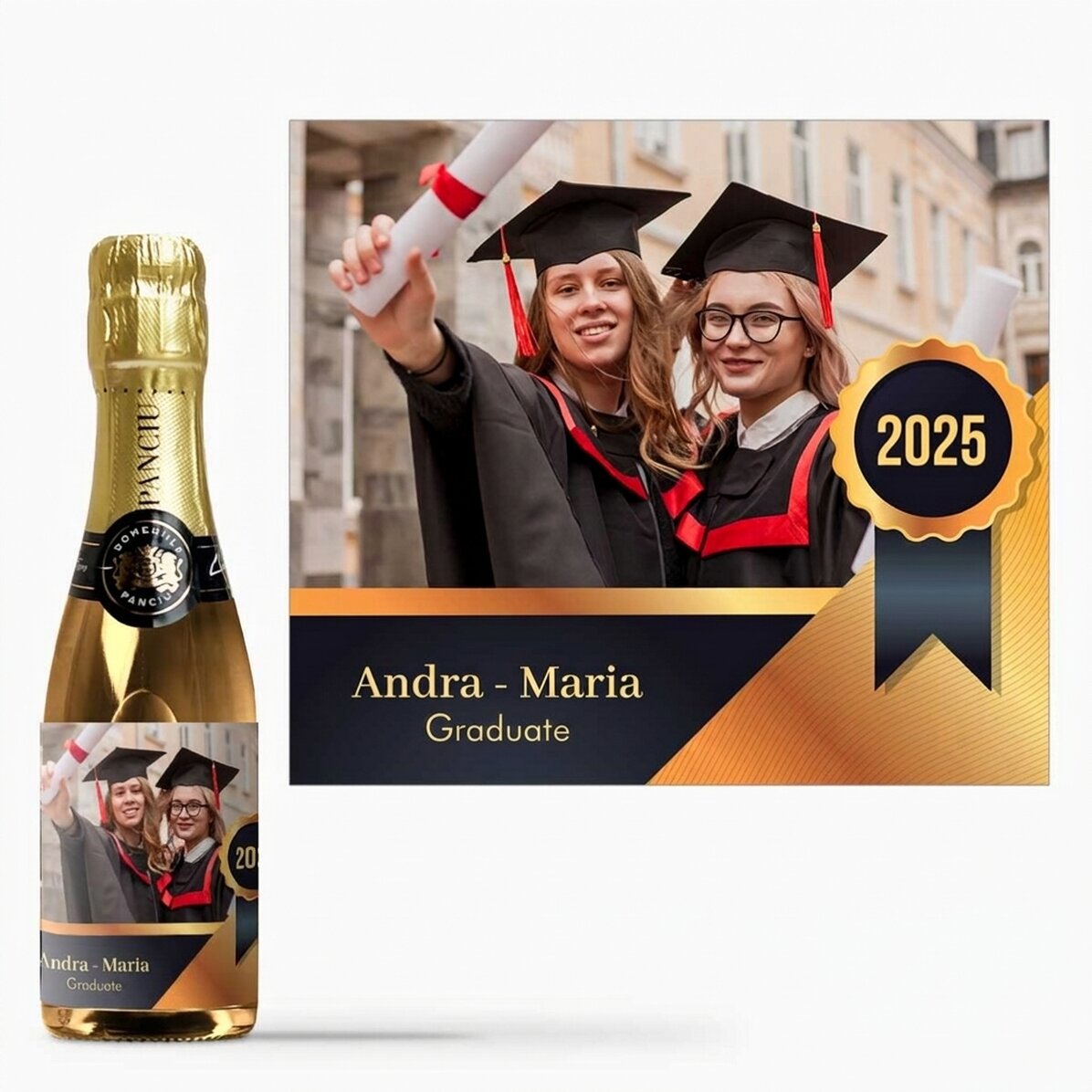 Mini bottiglia di spumante personalizzata con un messaggio e una foto - Laurea