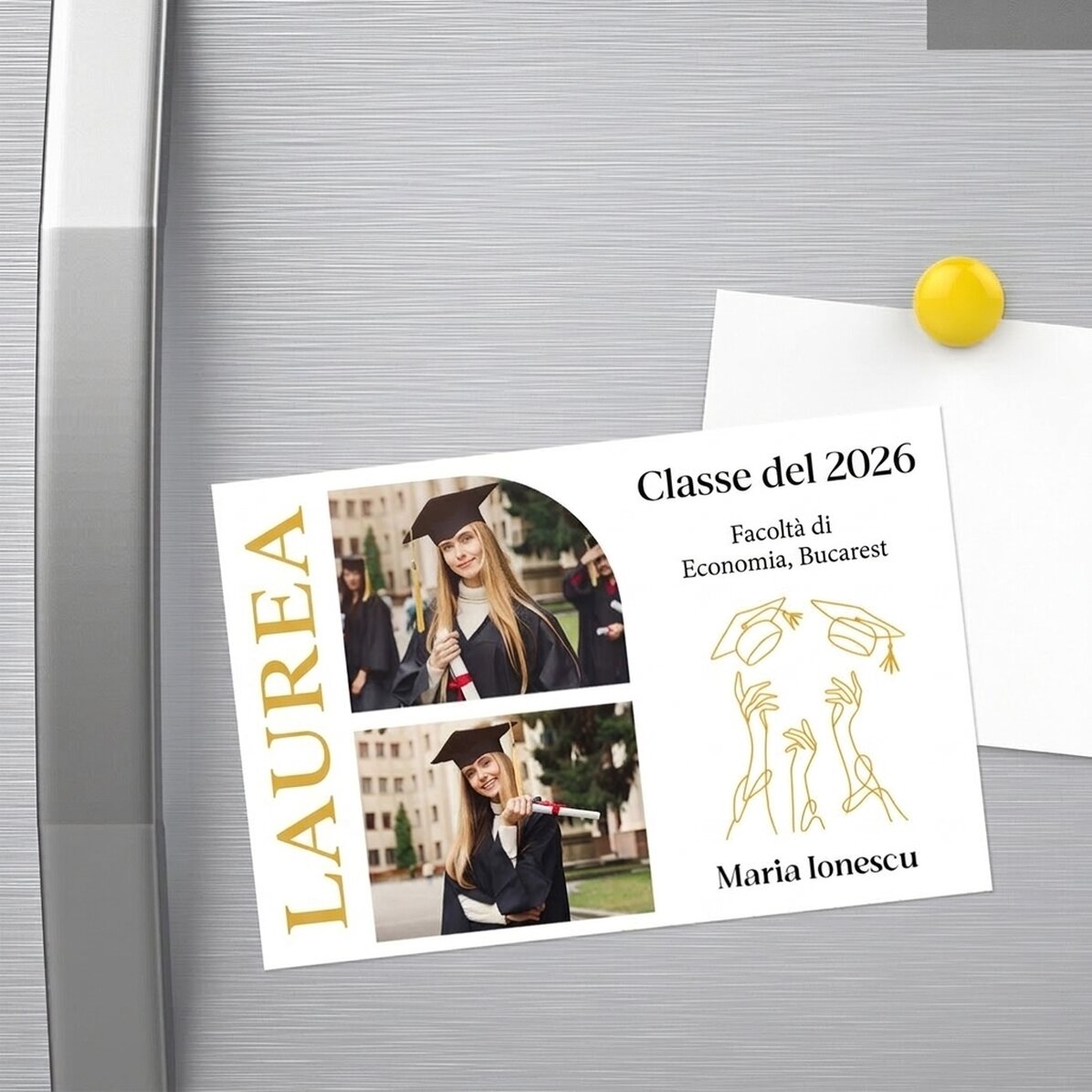 Magnete personalizzato 15x10 cm con 2 foto e testo - Laurea