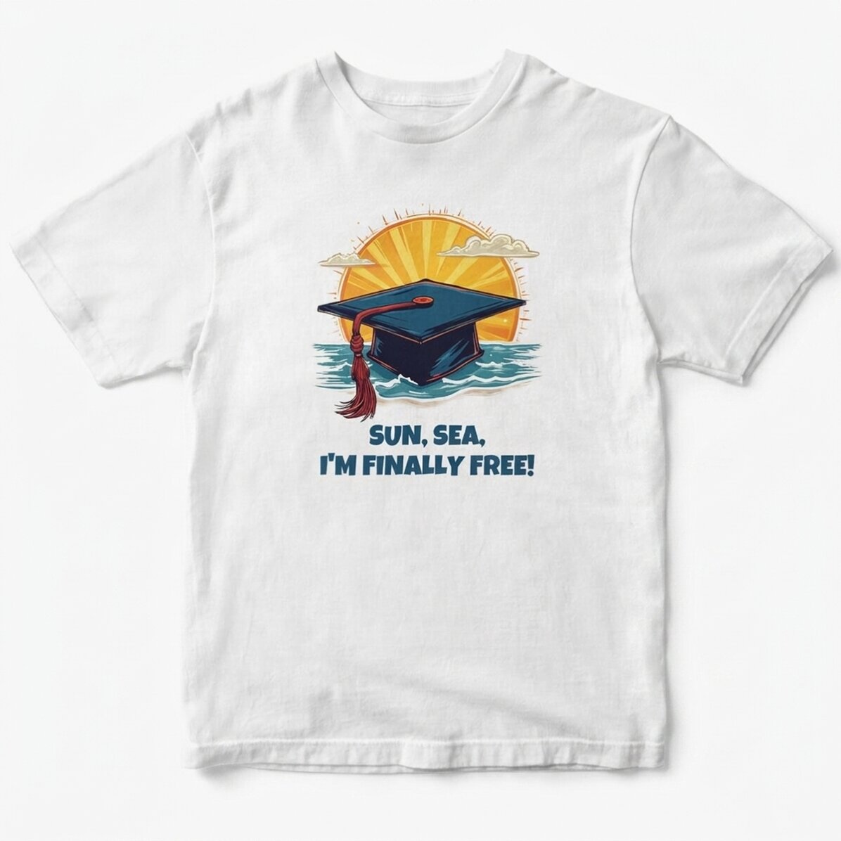 Maglietta in cotone personalizzata con la scritta "Sun, sea, finally free"
