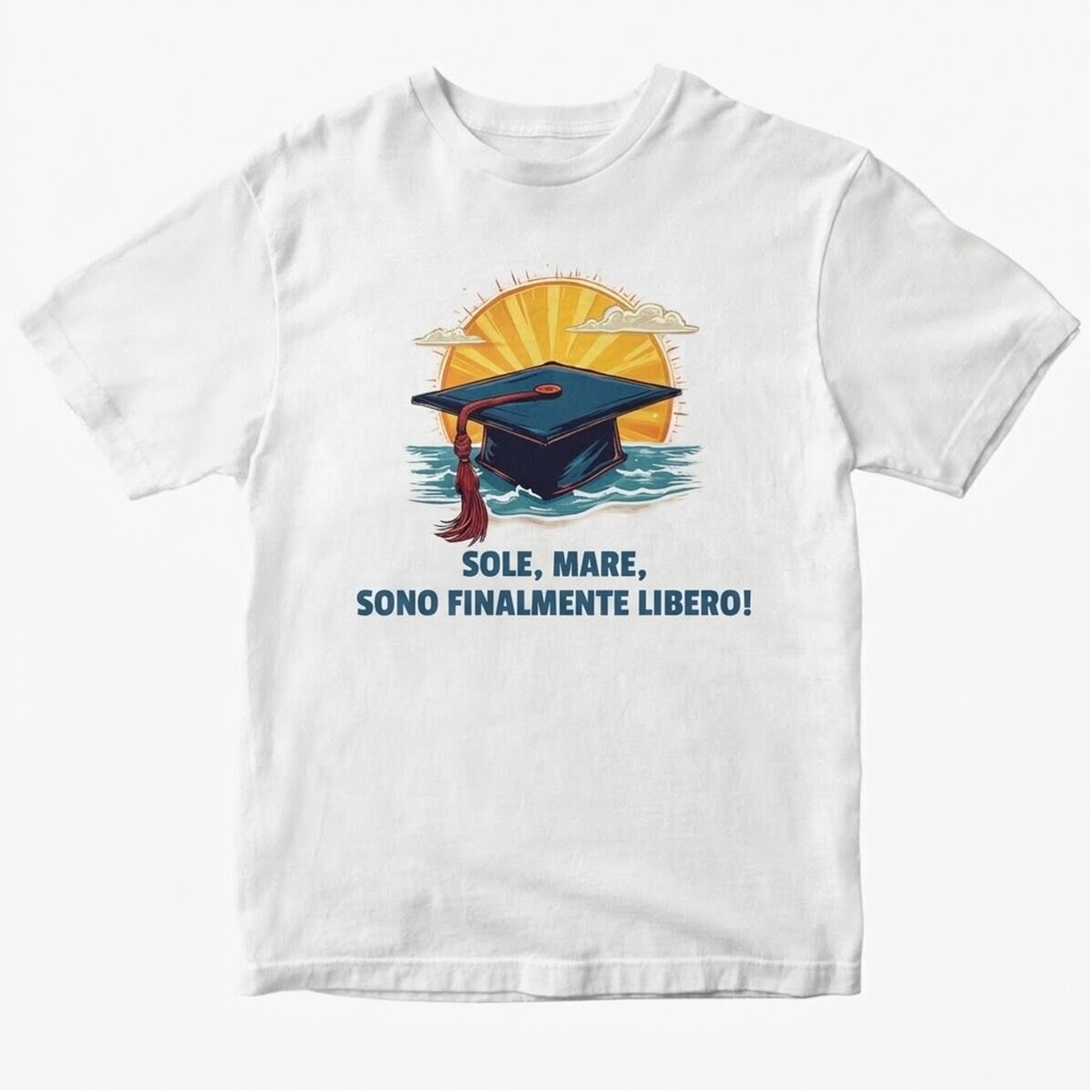 Maglietta in cotone personalizzata con la scritta "Sun, sea, finally free"