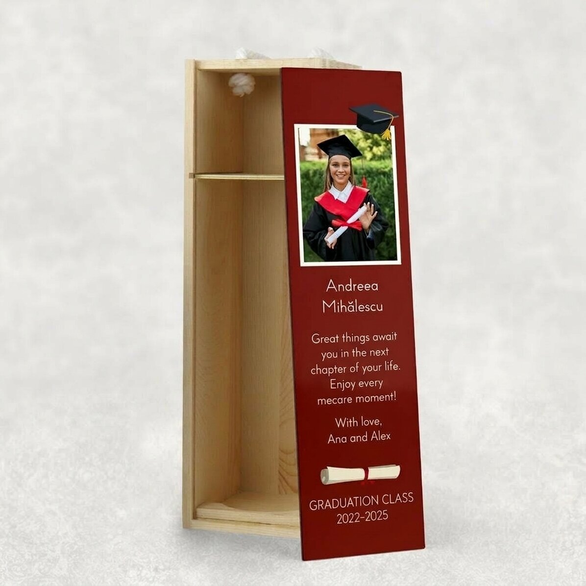 Confezione regalo per una bottiglia di vino personalizzata con una foto e un messaggio - Laurea
