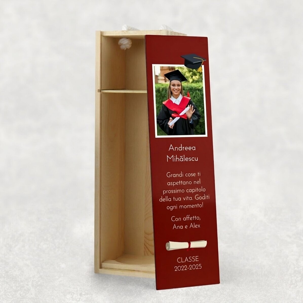 Confezione regalo per una bottiglia di vino personalizzata con una foto e un messaggio - Laurea