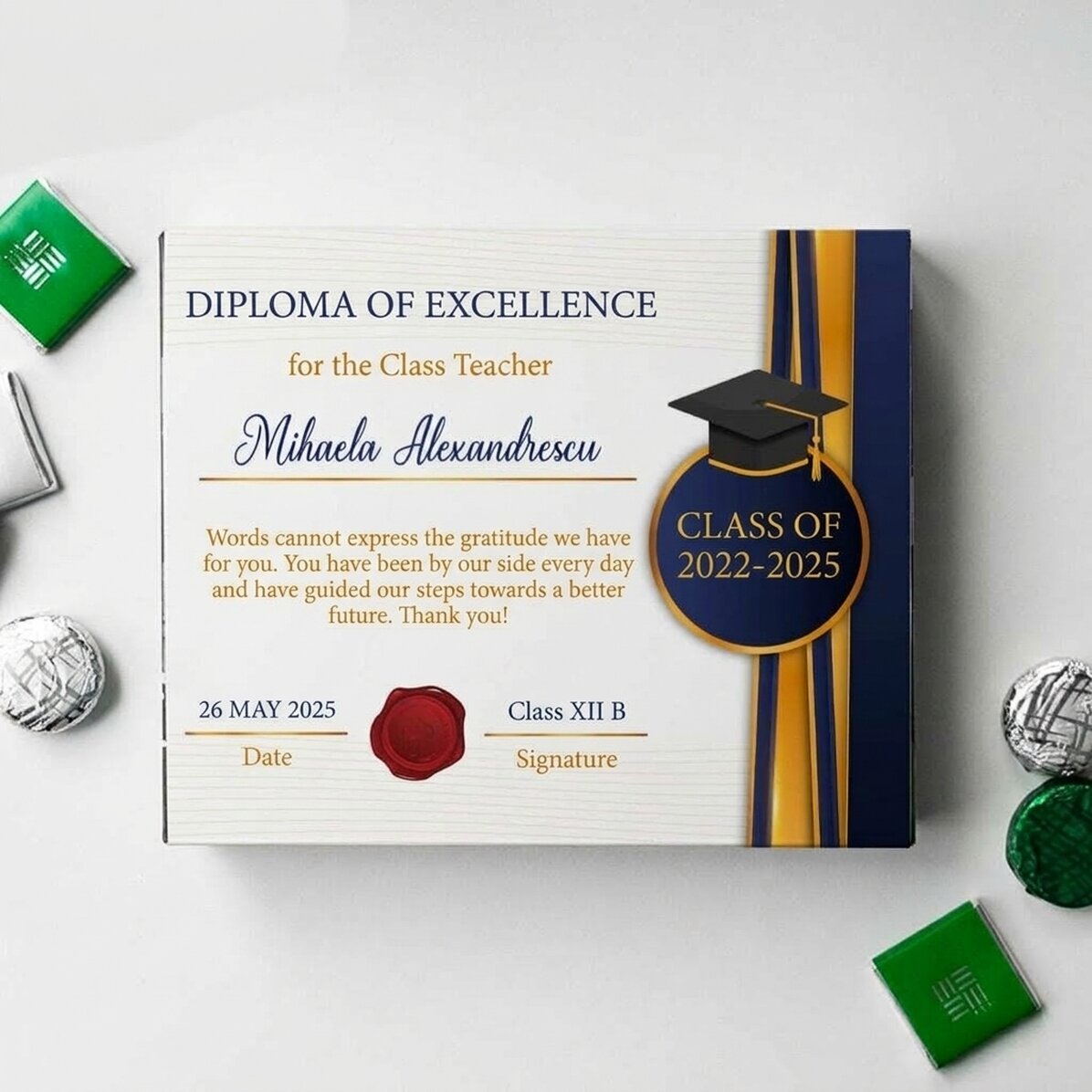 Scatola di cioccolatini personalizzata con un messaggio di ringraziamento per la professoressa respo