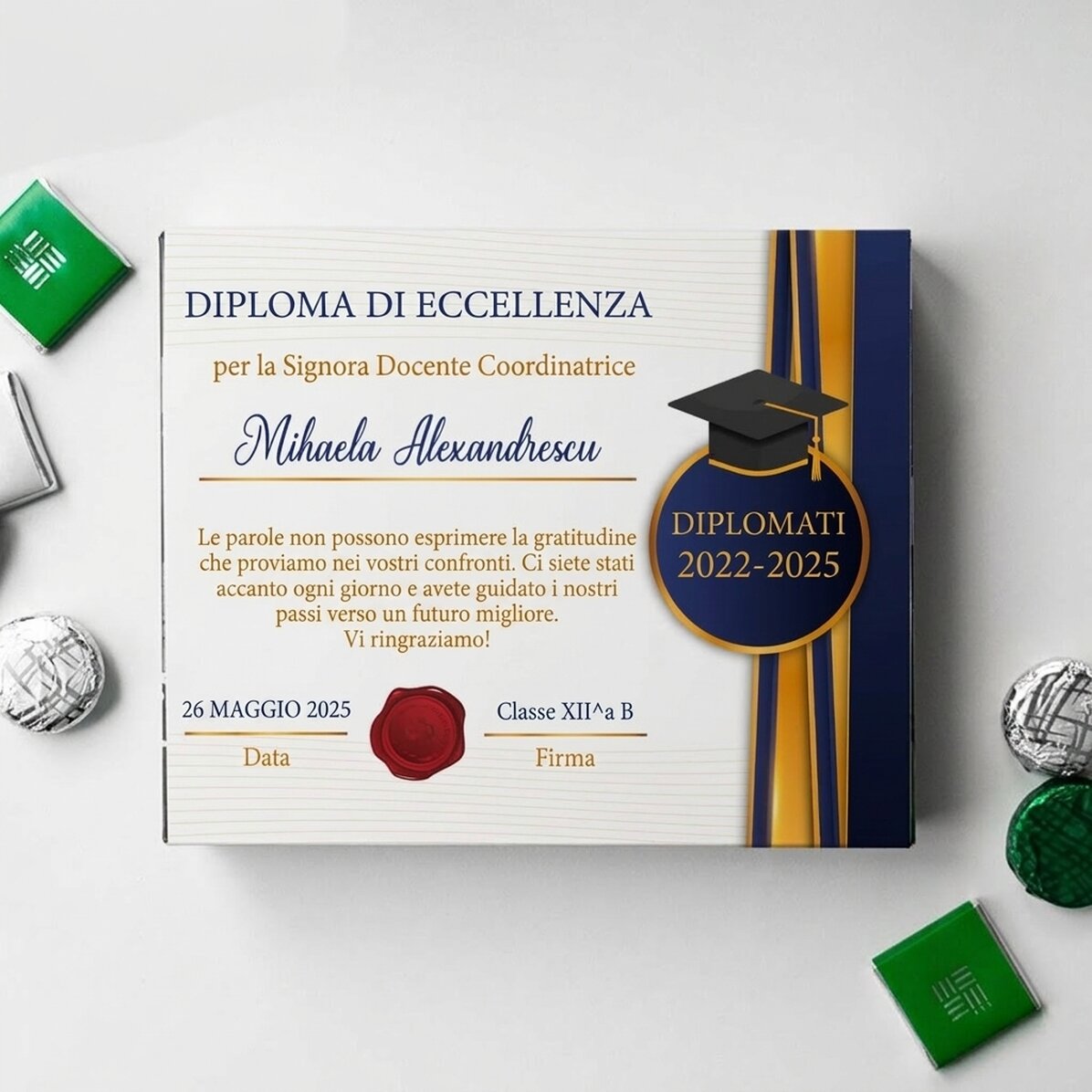 Scatola di cioccolatini personalizzata con un messaggio di ringraziamento per la professoressa respo