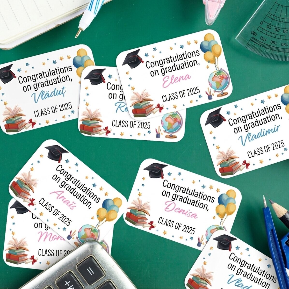 Set di 8 adesivi (etichette autoadesive) personalizzati con messaggio - Laurea