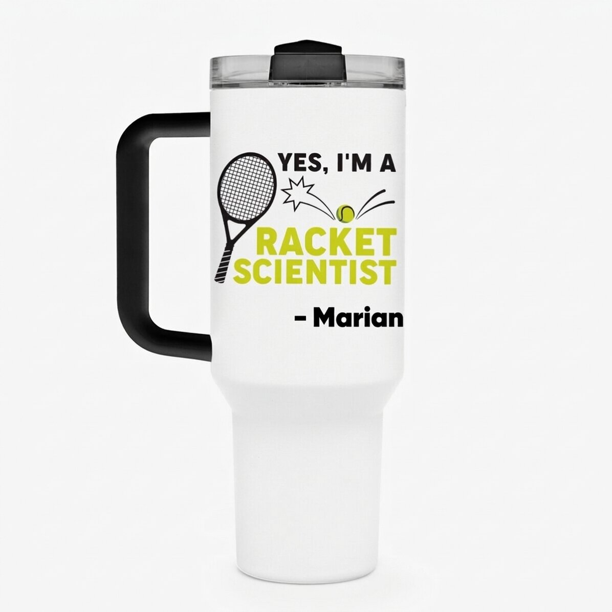 Tazza termica con manico e cannuccia personalizzata con scritta - Racket scientist
