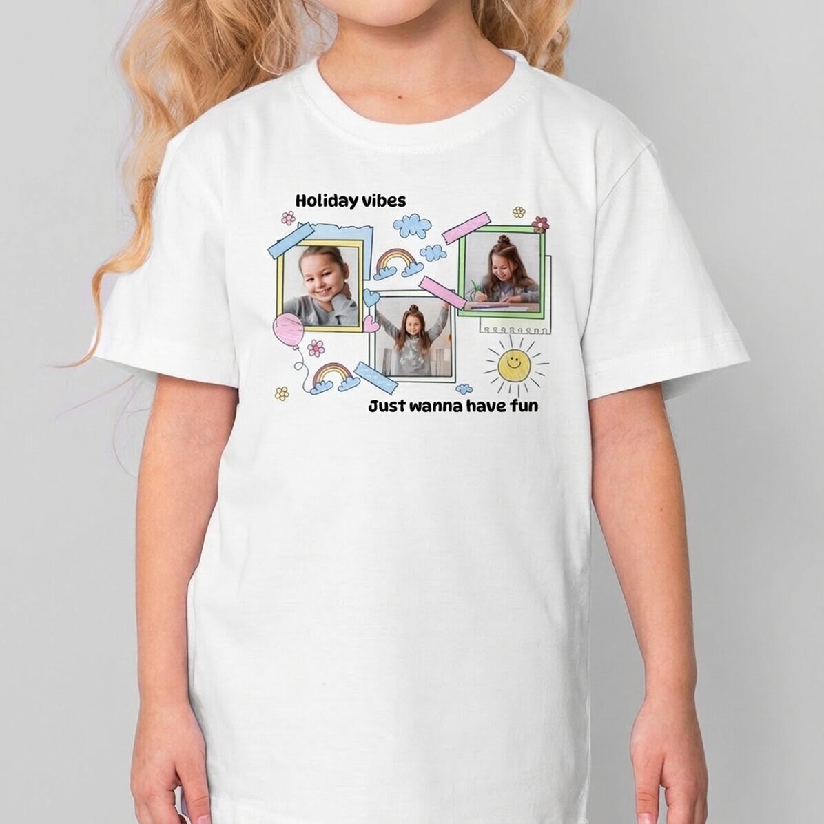 Maglietta in cotone per bambini personalizzata con una frase e 3 foto - Cute