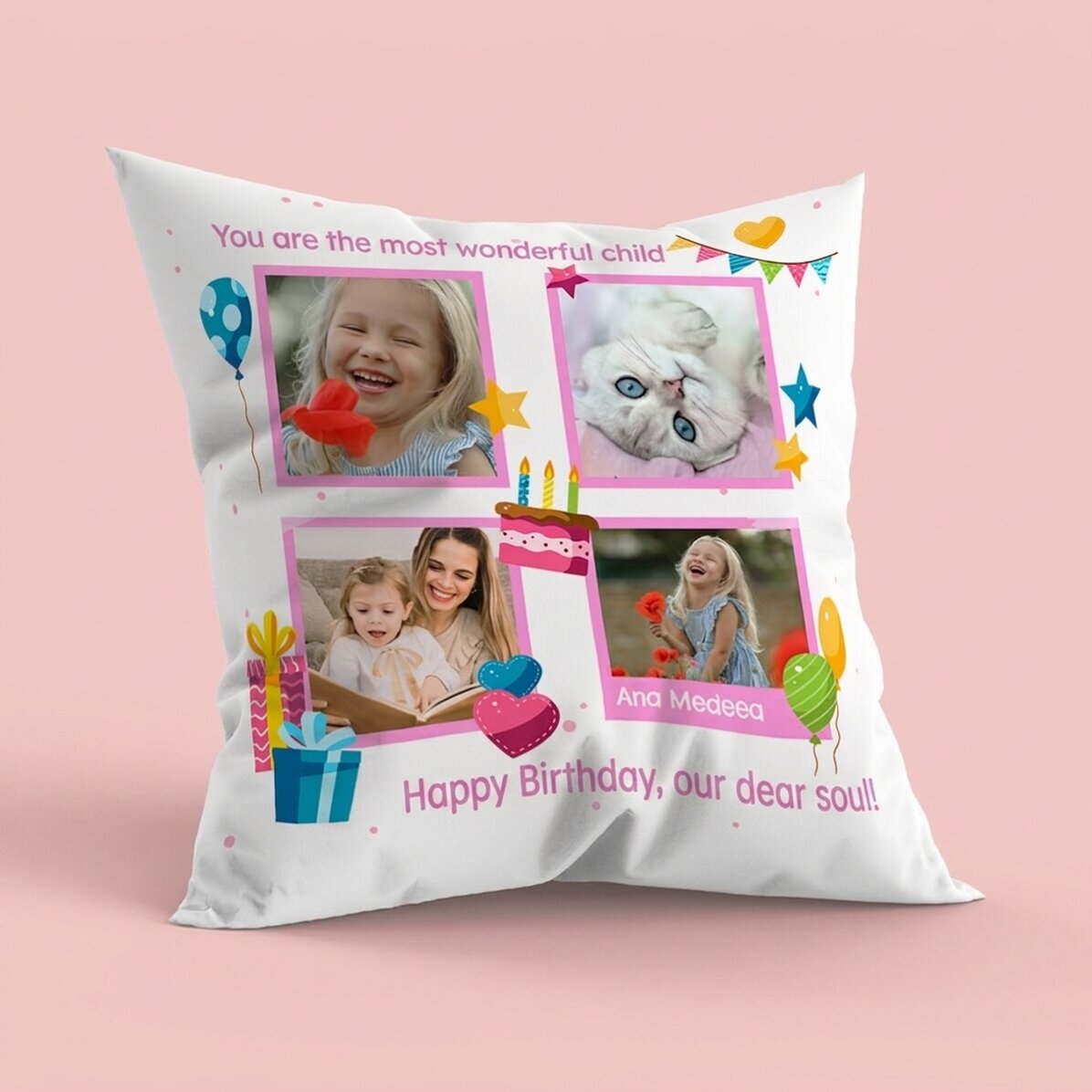 Cuscino personalizzato con 4 foto e un messaggio - Buon compleanno, bambini