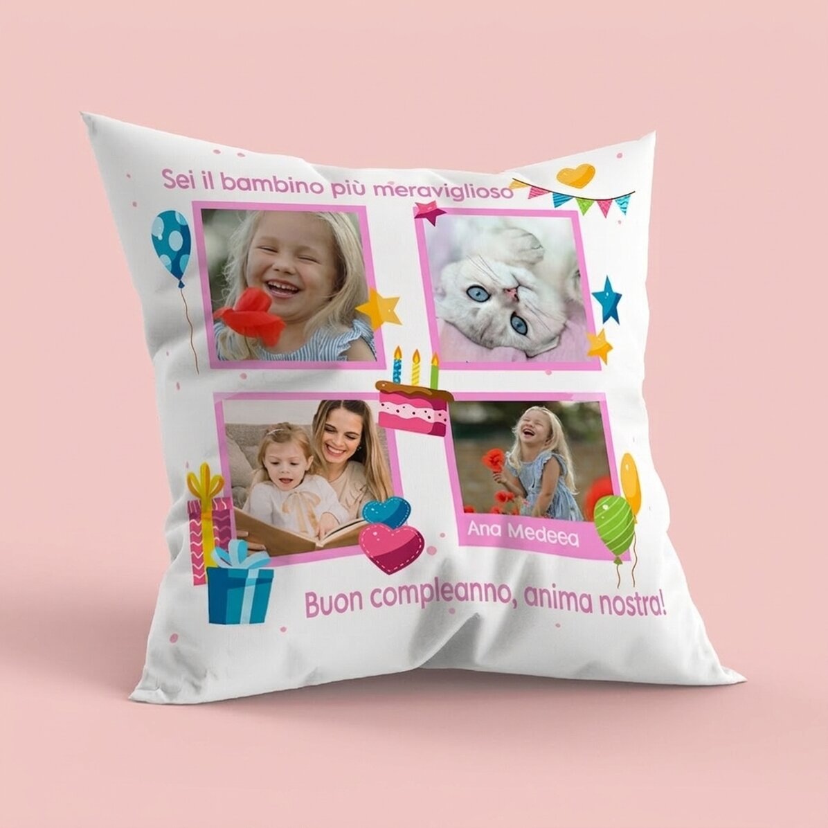 Cuscino personalizzato con 4 foto e un messaggio - Buon compleanno, bambini