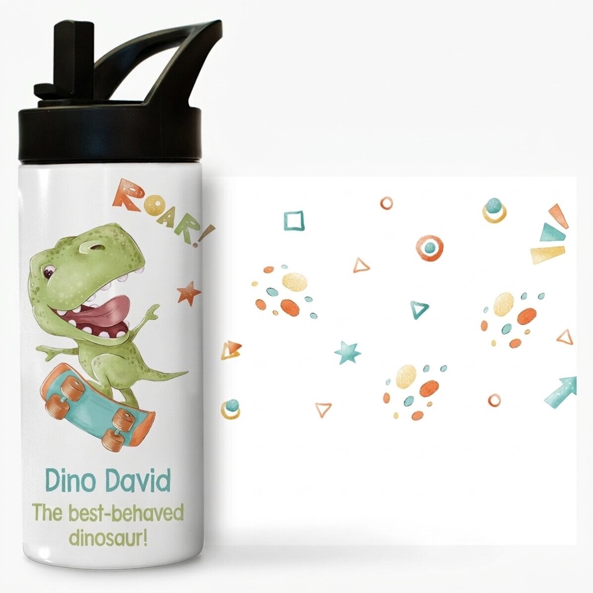 Tazza termica con manico e cannuccia personalizzata con messaggio per bambini - Dino