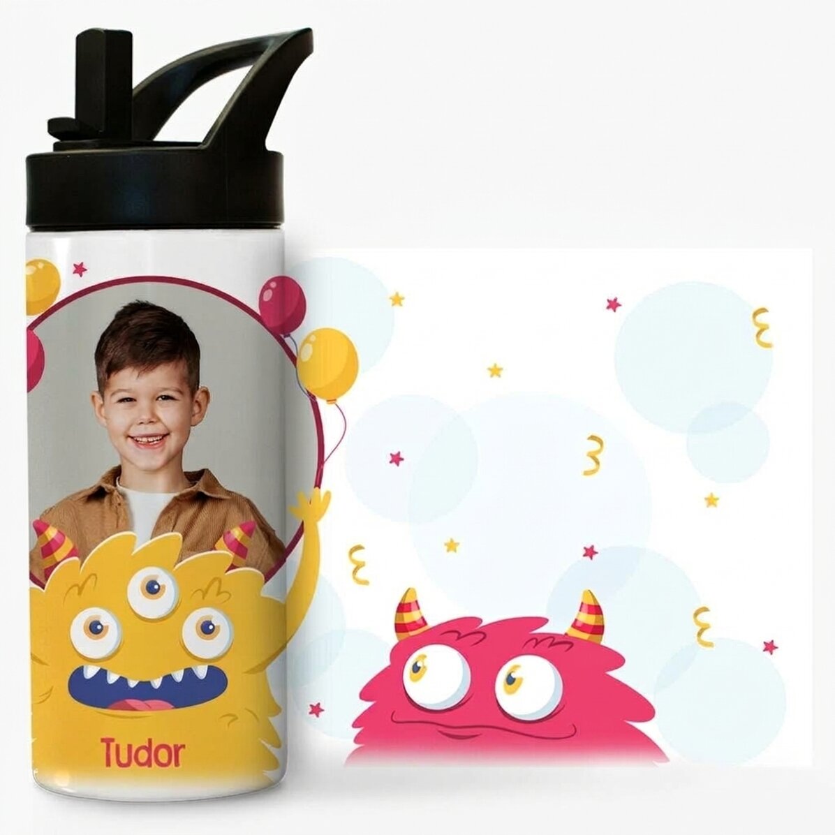 Tazza termica con manico e cannuccia personalizzata con una foto e un nome - Festa dei Bambini