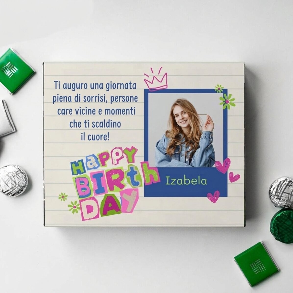 Scatola di cioccolatini personalizzata con una foto e un messaggio - Buon compleanno!