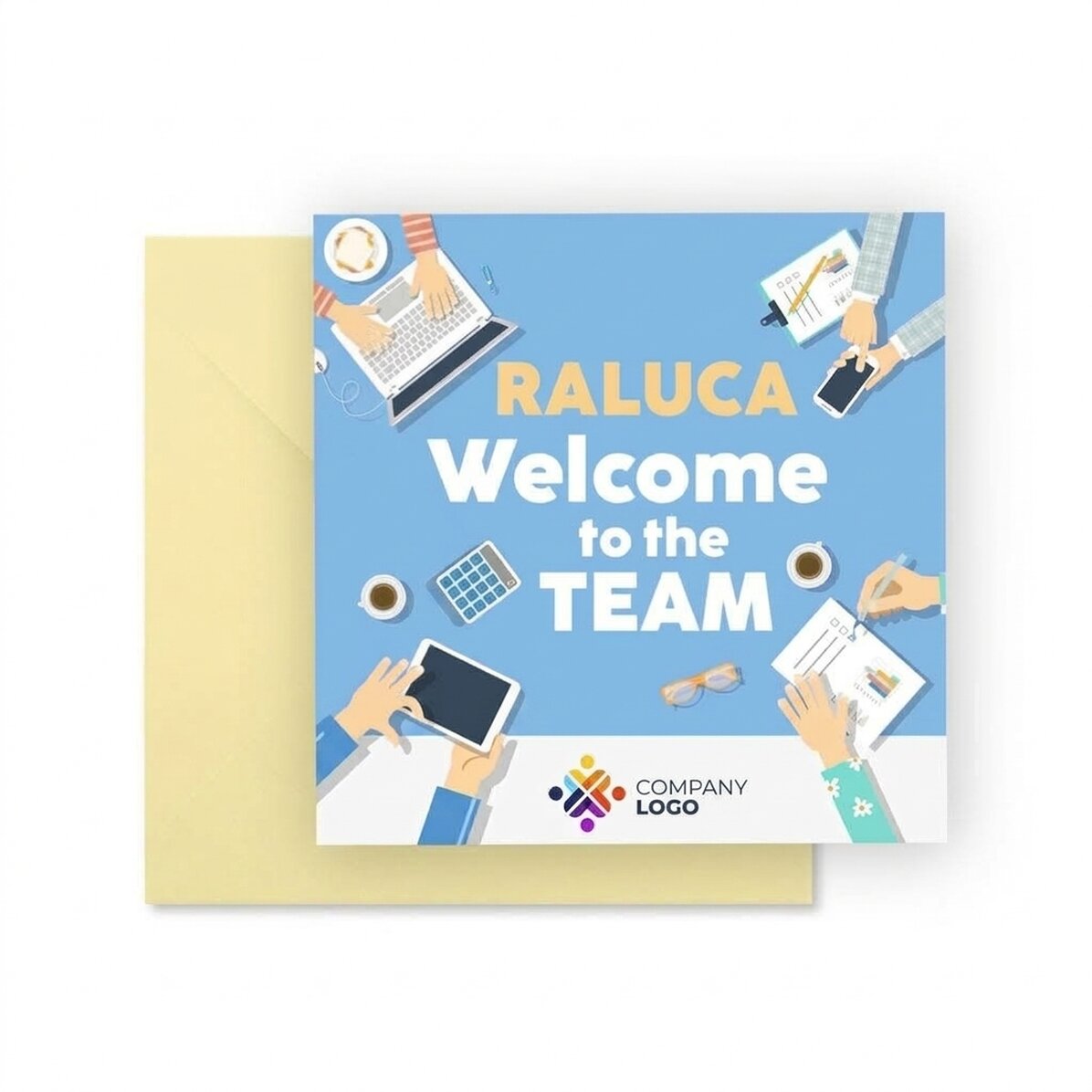 Biglietto quadrato personalizzato con logo e messaggio - Benvenuto nel team