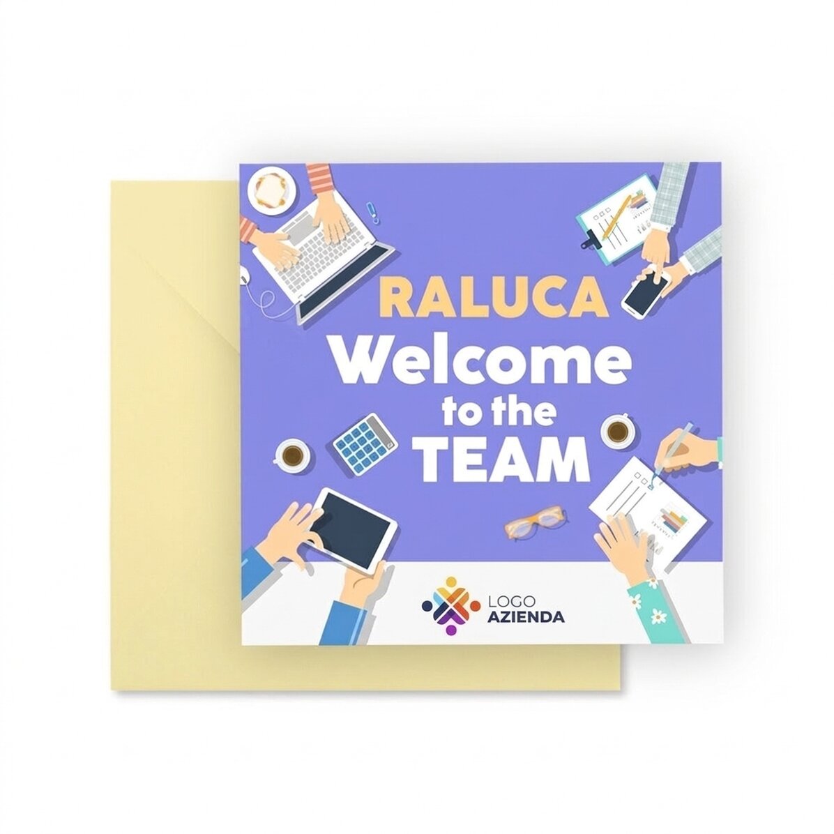 Biglietto quadrato personalizzato con logo e messaggio - Benvenuto nel team
