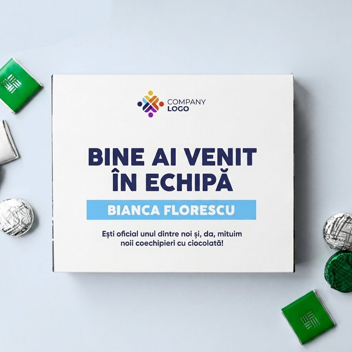Scatola di cioccolatini personalizzata con messaggio e logo per i dipendenti