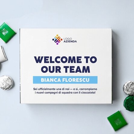 Scatola di cioccolatini personalizzata con messaggio e logo per i dipendenti