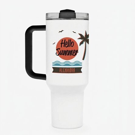 Thermos mug with handle and straw, personalised with text - Summer vibes