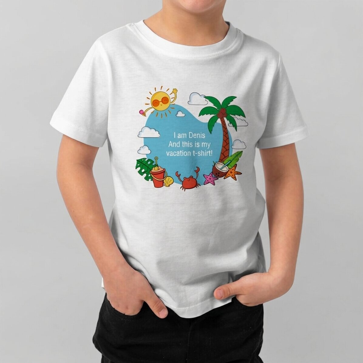 Maglietta in cotone per bambini personalizzata con messaggio - Vacanze estive