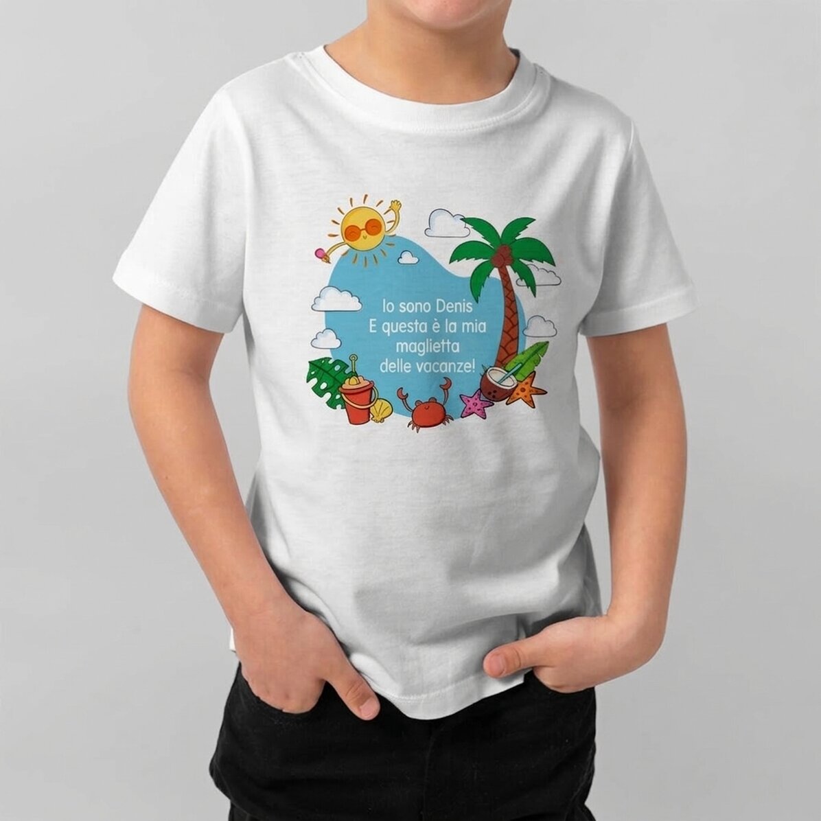 Maglietta in cotone per bambini personalizzata con messaggio - Vacanze estive