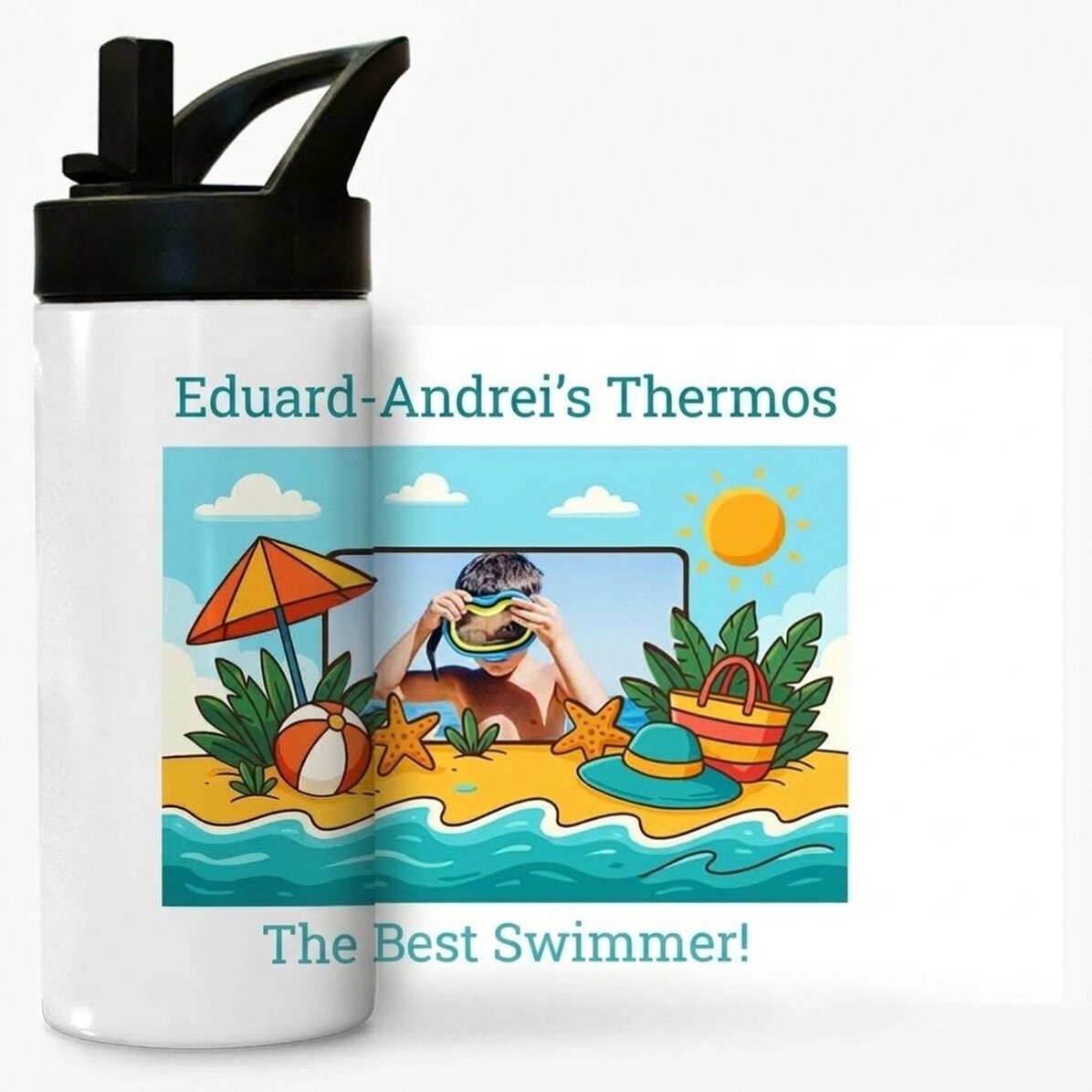 Tazza termica con manico e cannuccia personalizzata con foto e messaggio per bambini - Vacanze estiv