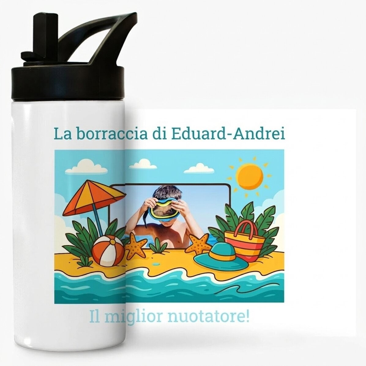 Tazza termica con manico e cannuccia personalizzata con foto e messaggio per bambini - Vacanze estiv