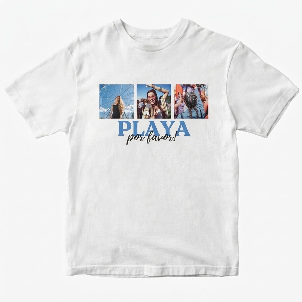 Maglietta in cotone personalizzata con 3 foto e un messaggio - Beach, please!