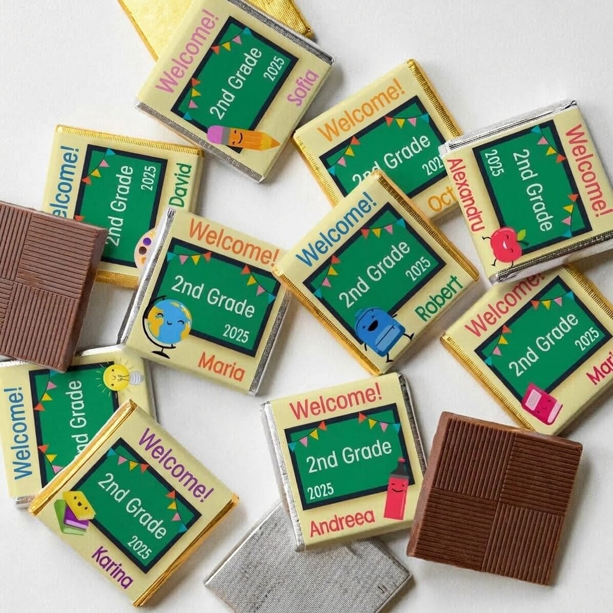 Set di 10 mini cioccolatini personalizzati con la scritta "Benvenuto!"
