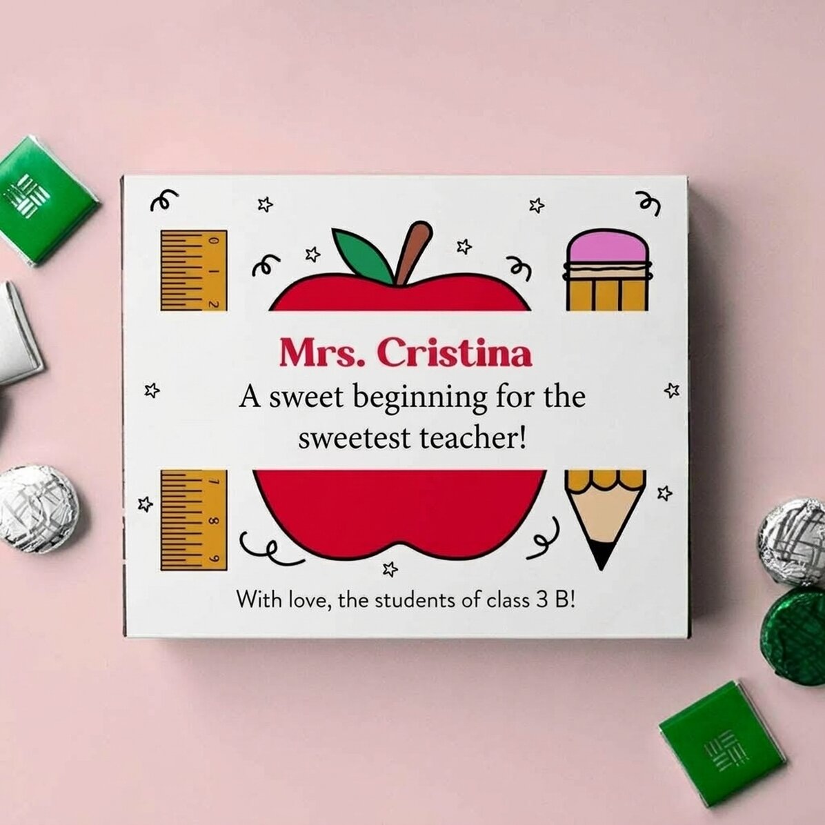 Scatola di cioccolatini personalizzata con un messaggio per le insegnanti