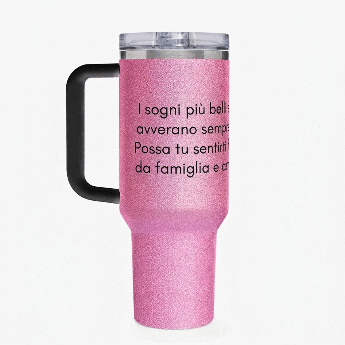 Tazza termica con manico e cannuccia, personalizzata con un messaggio per i propri cari