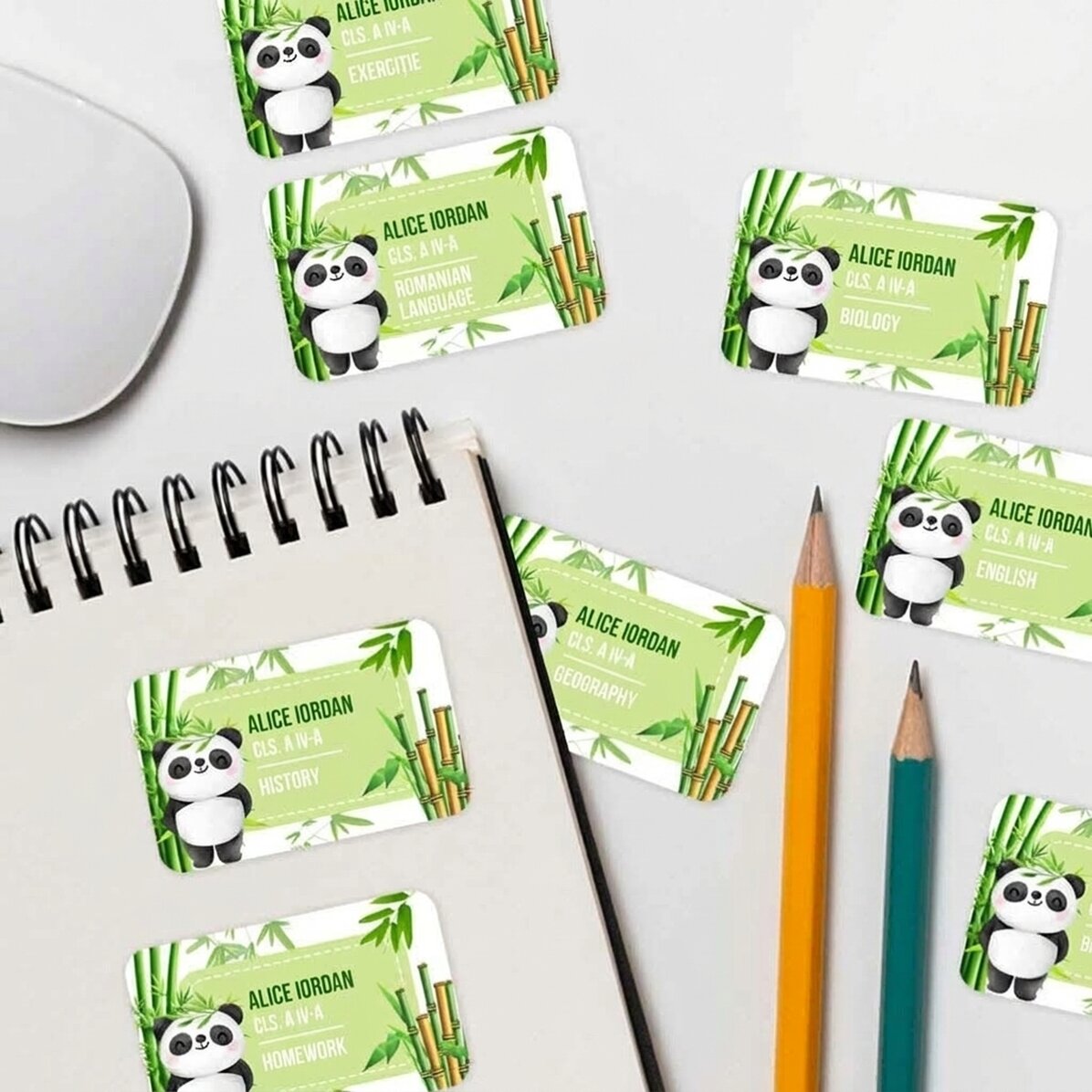 Set di 8 adesivi (etichette autoadesive) personalizzati per la scuola - Cute Panda