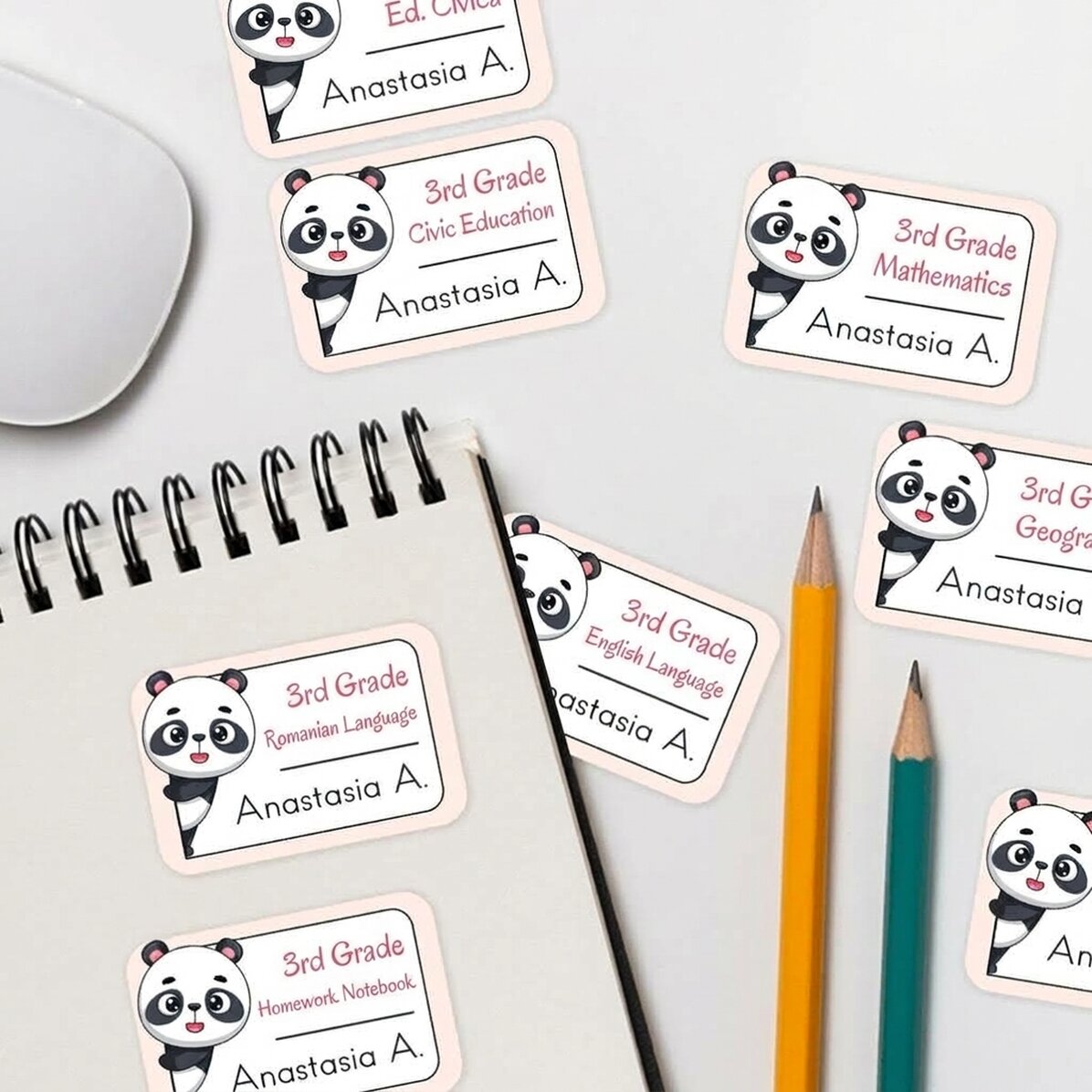 Set di 8 adesivi (etichette autoadesive) personalizzati per la scuola - Panda