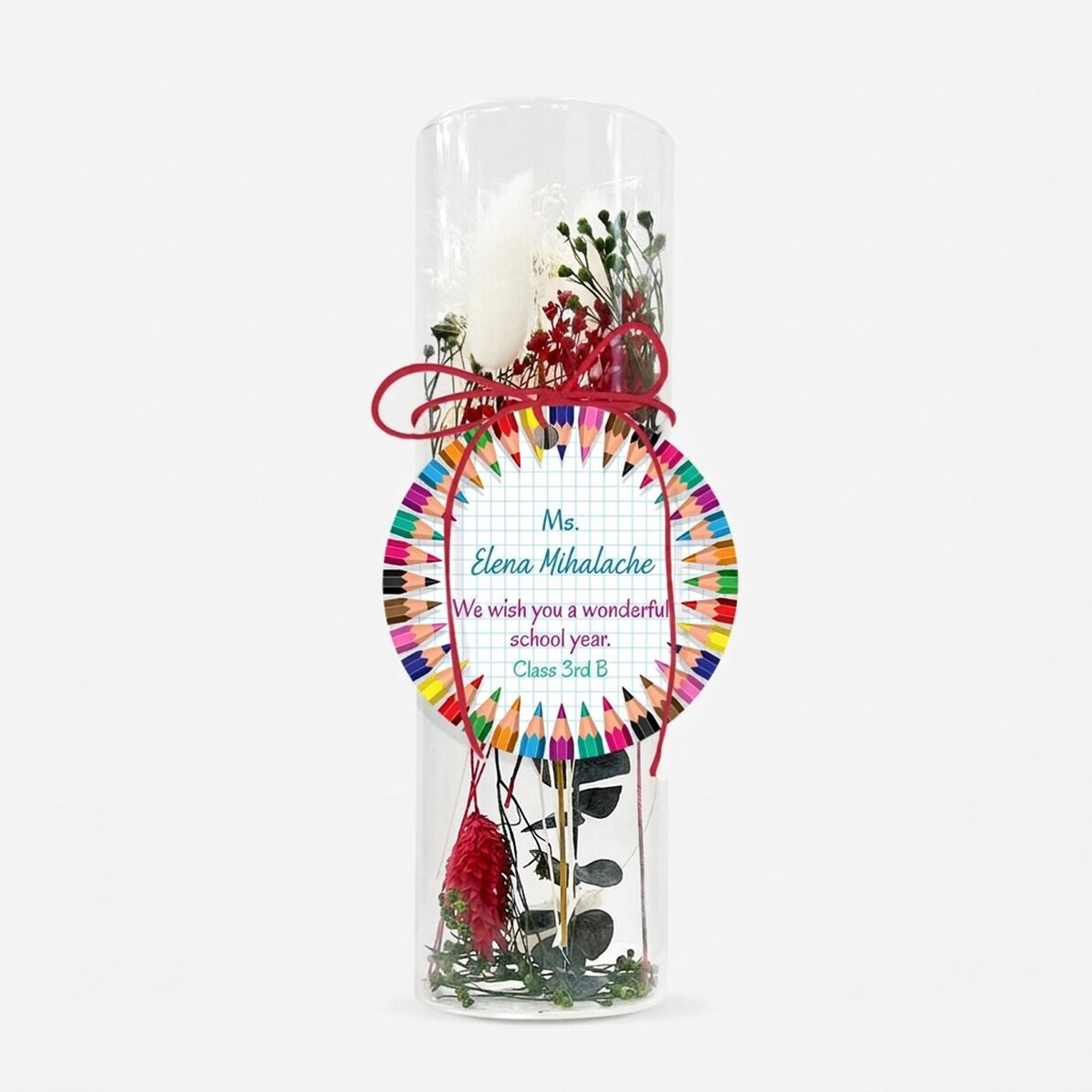 Decorazione in vetro con fiori stabilizzati, personalizzata con un messaggio per le insegnanti - Rit