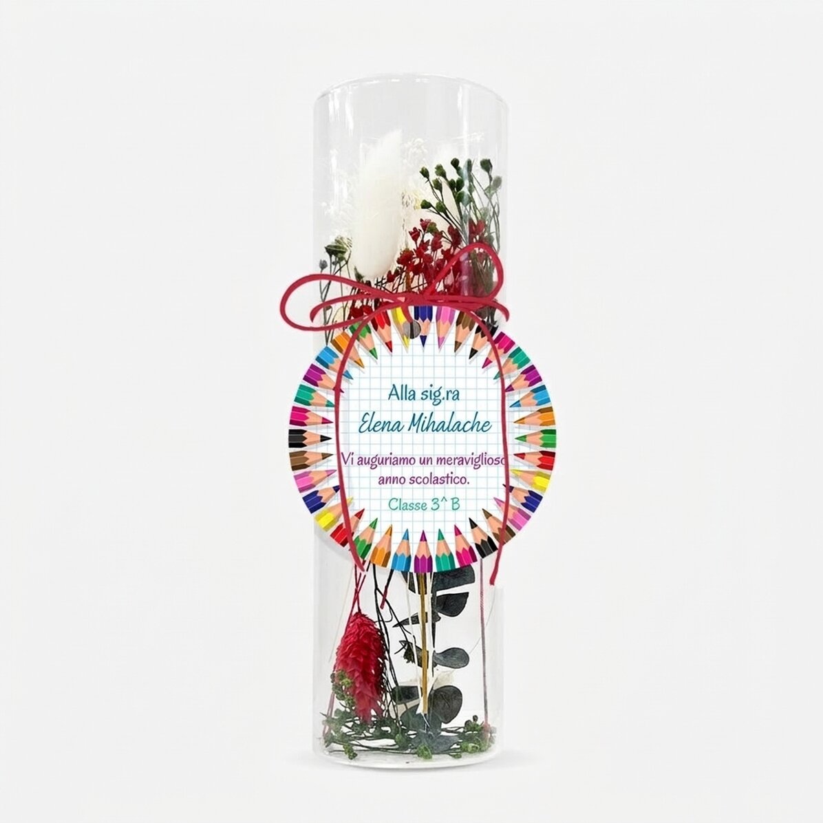 Decorazione in vetro con fiori stabilizzati, personalizzata con un messaggio per le insegnanti - Rit