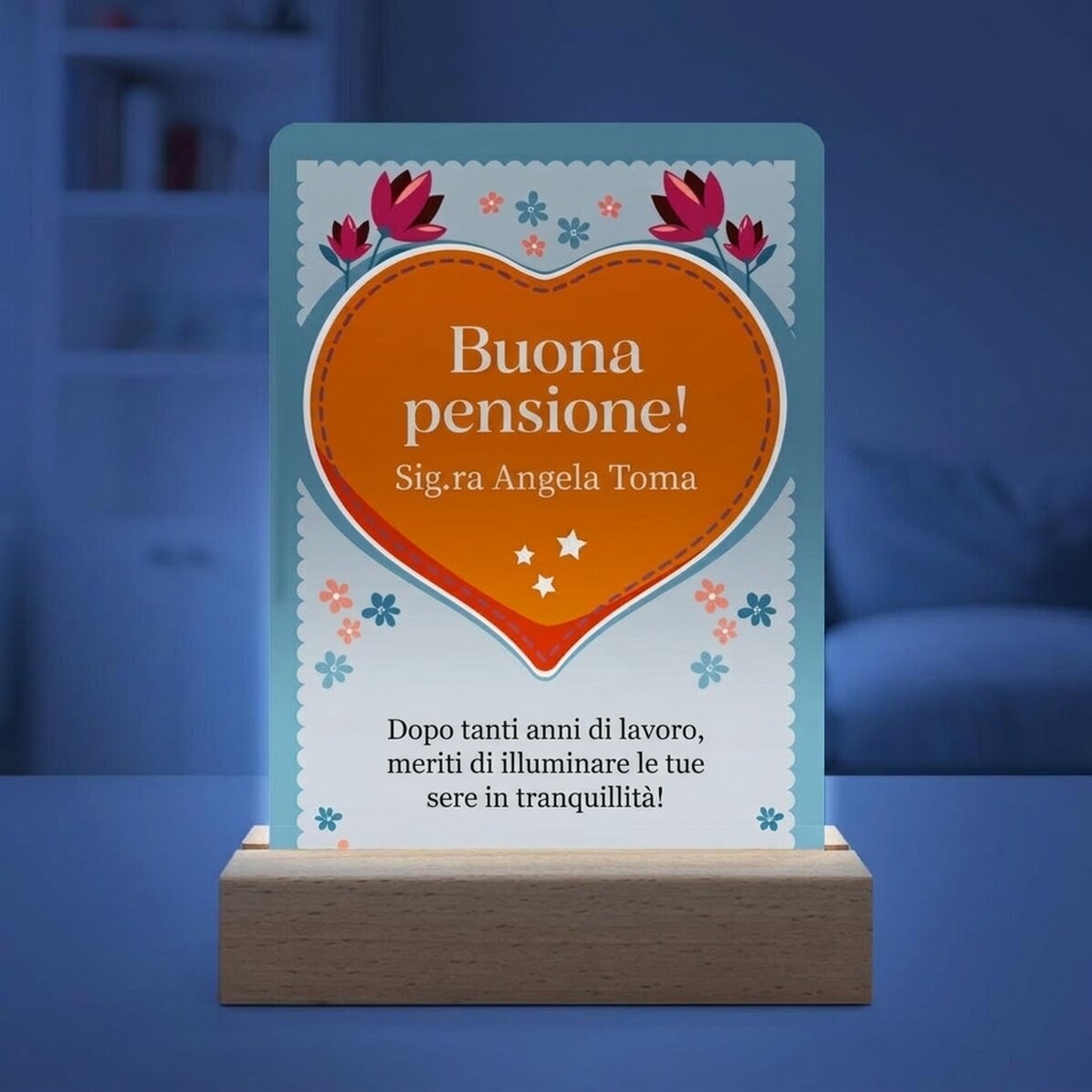 Lampada da comodino a LED personalizzata con messaggio - Pensionamento