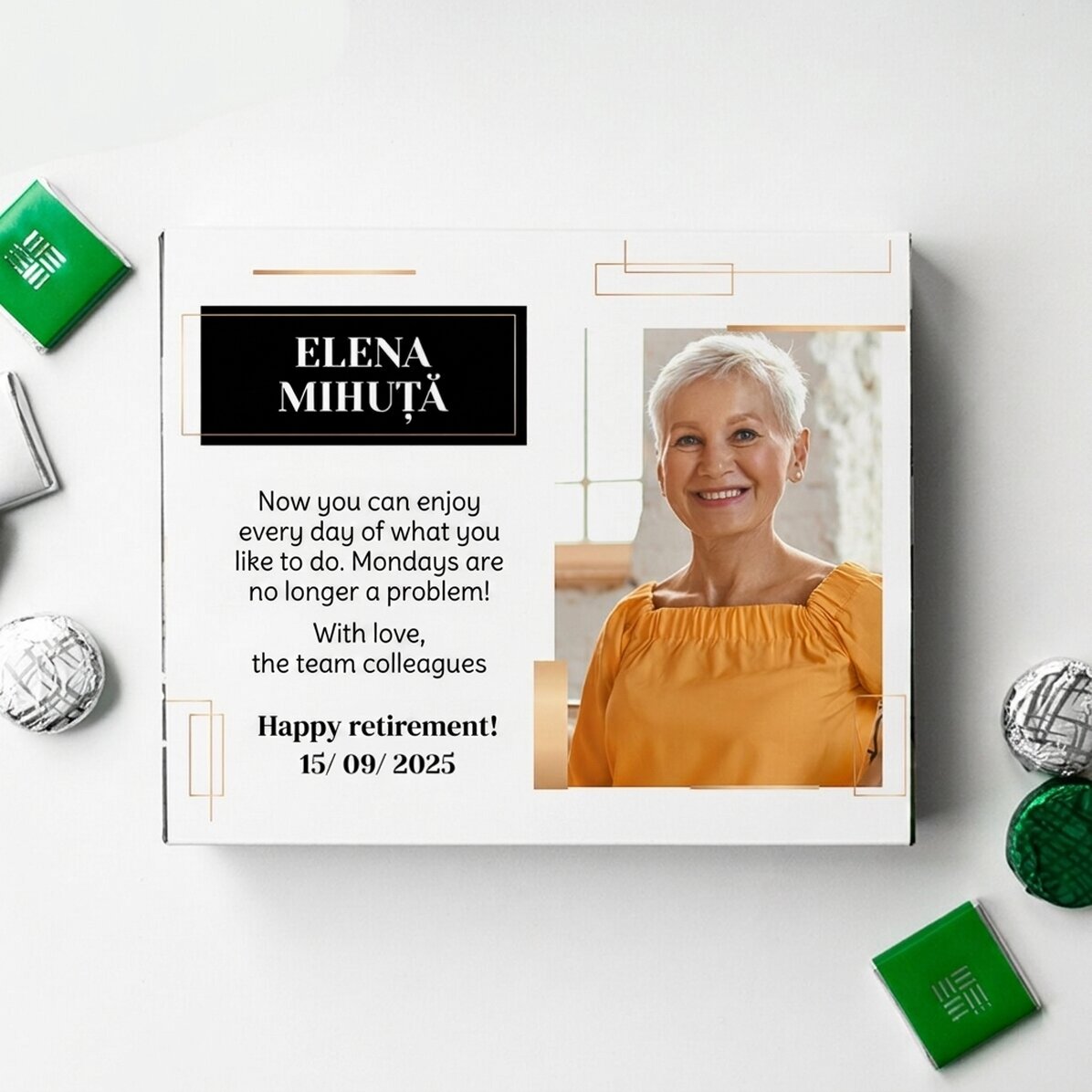 Scatola di cioccolatini personalizzata con messaggio e foto - Pensionamento