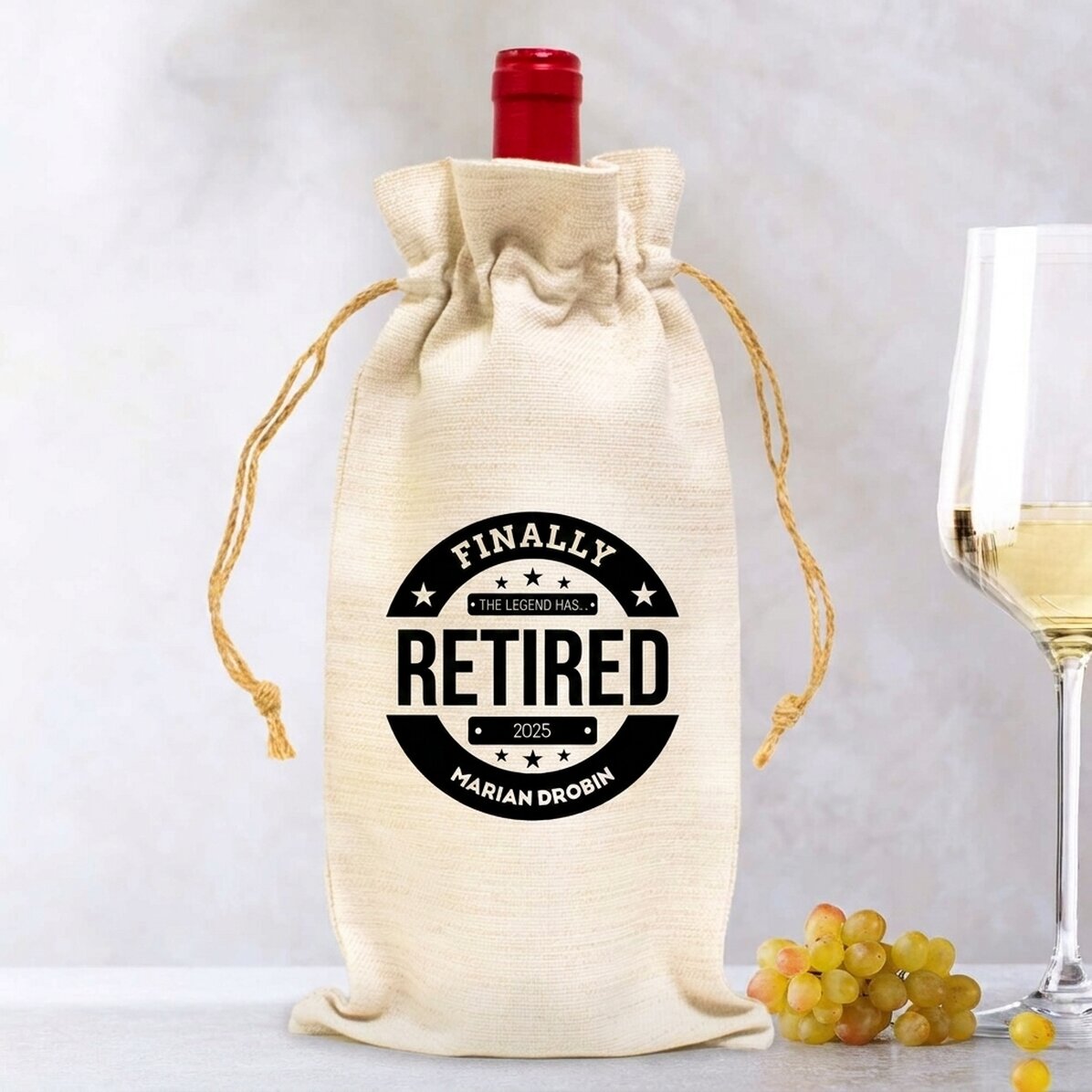 Sacchetto personalizzato per bottiglia di vino con messaggio - Pensionamento