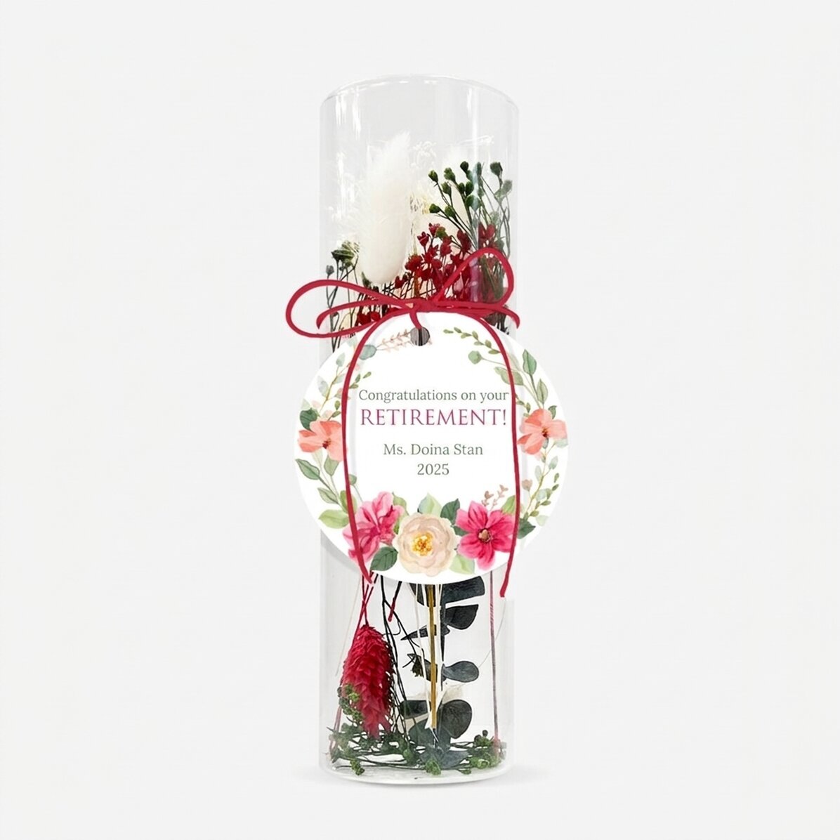 Decorazione in vetro con fiori stabilizzati, personalizzata con una scritta - Pensionamento