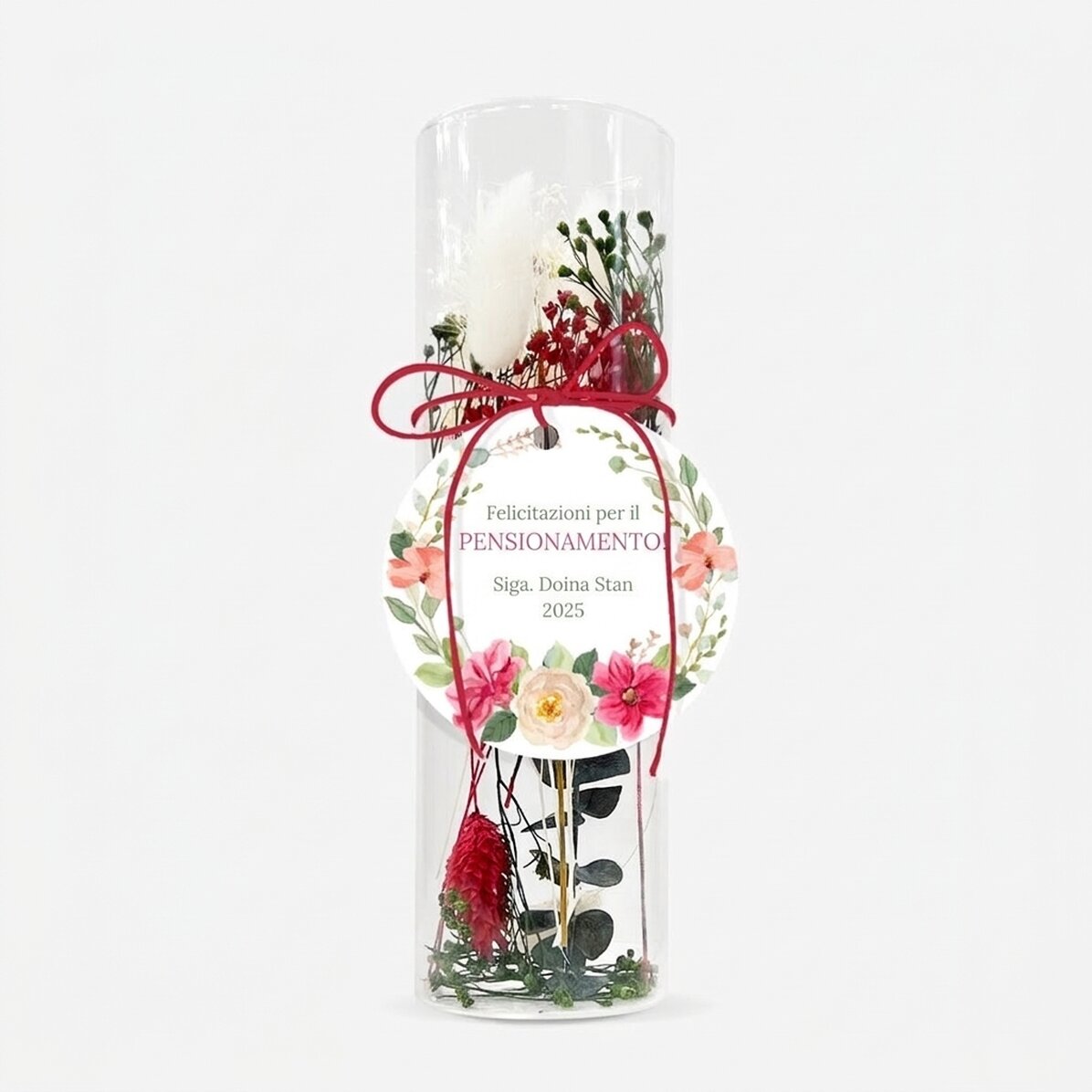 Decorazione in vetro con fiori stabilizzati, personalizzata con una scritta - Pensionamento