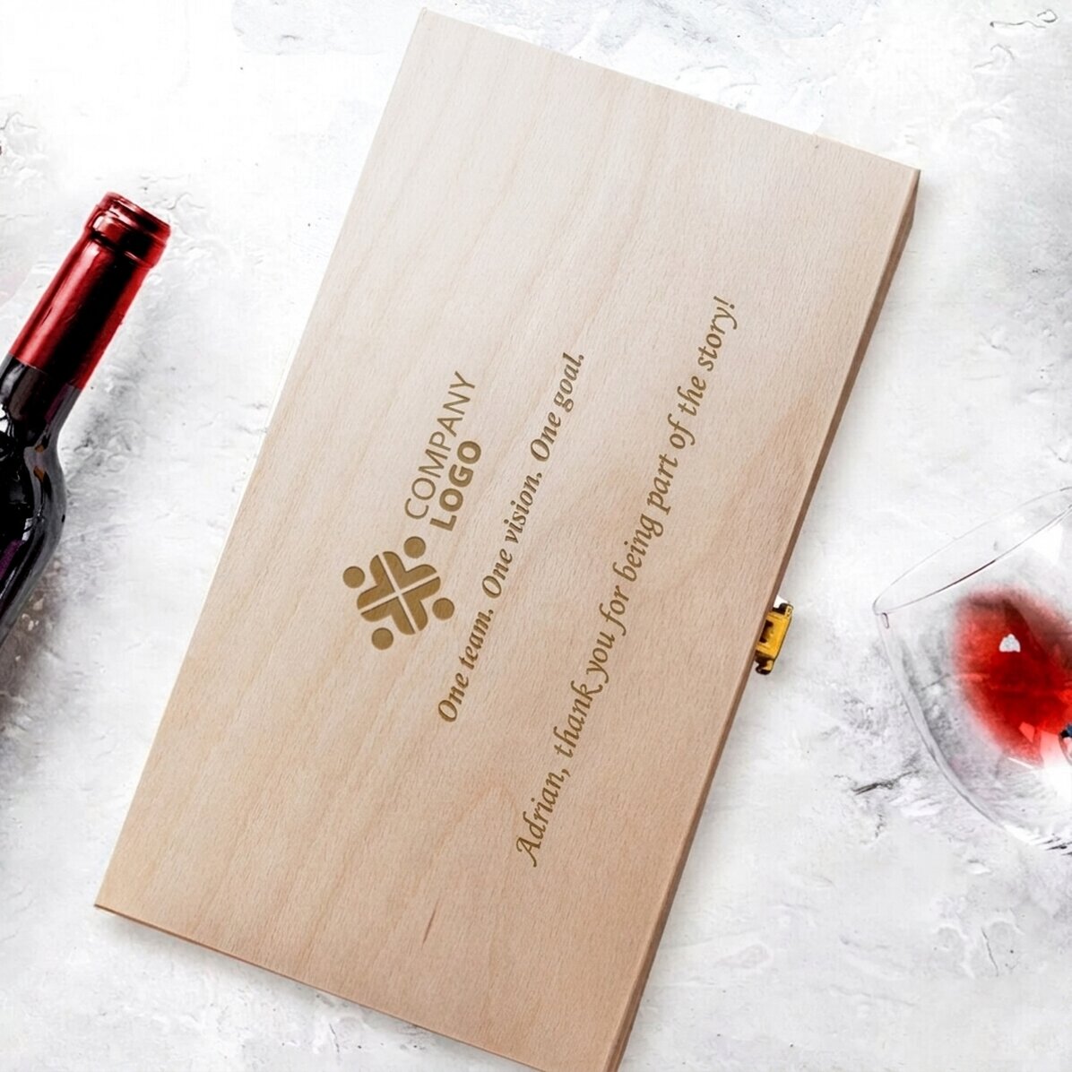 Scatola personalizzata per due bottiglie di vino con logo e testo - Grazie