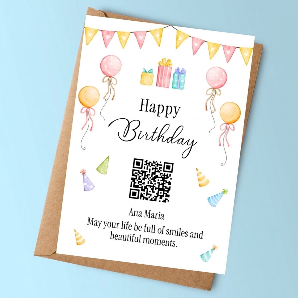 Biglietto personalizzato con testo e codice QR - Buon compleanno!