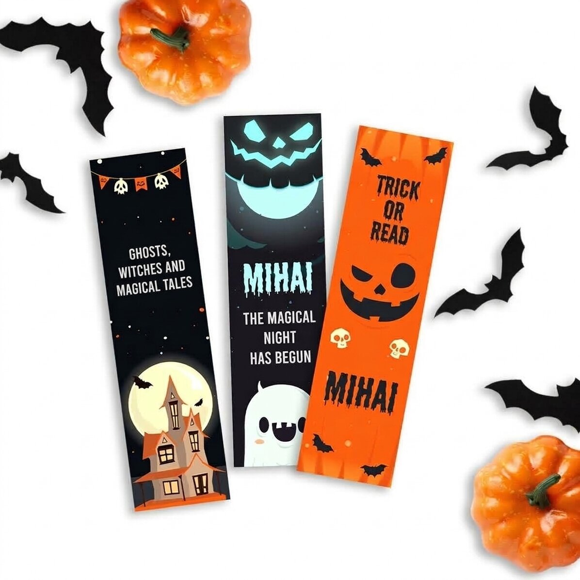 Set di 3 segnalibri personalizzati con testo - Trick or read
