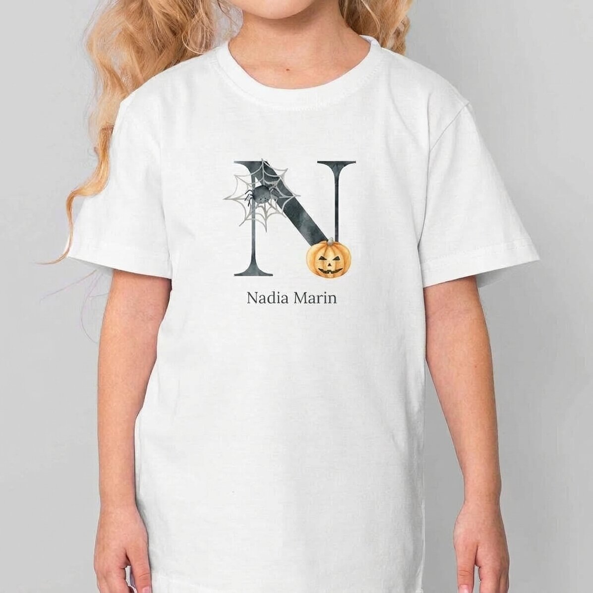 Maglietta in cotone per bambini personalizzata con nome e iniziale - Halloween