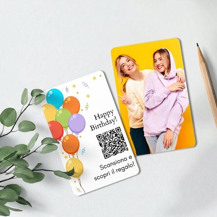 Biglietto in alluminio personalizzato su entrambi i lati con messaggio, codice QR e una foto - Buon 