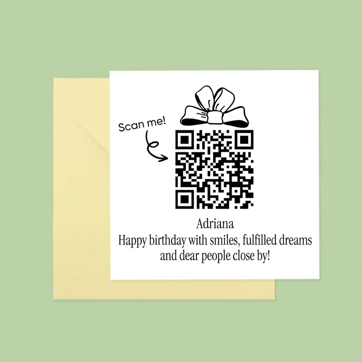 Biglietto quadrato personalizzato con messaggio e codice QR - Buon compleanno!