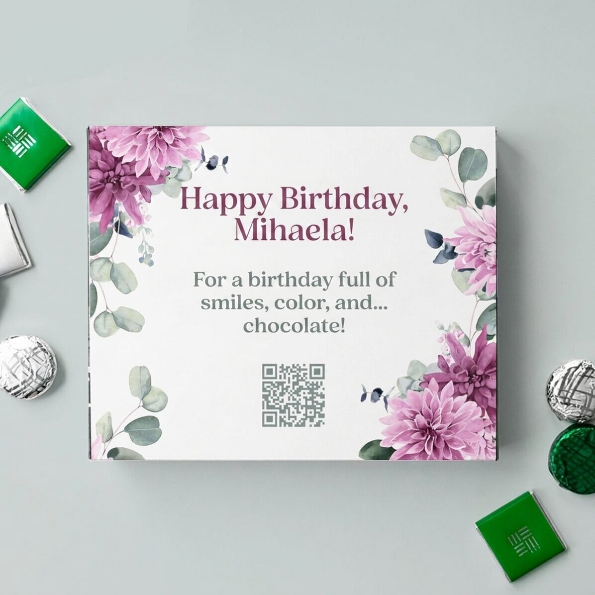 Scatola di cioccolatini personalizzata con messaggio e codice QR - Fiori