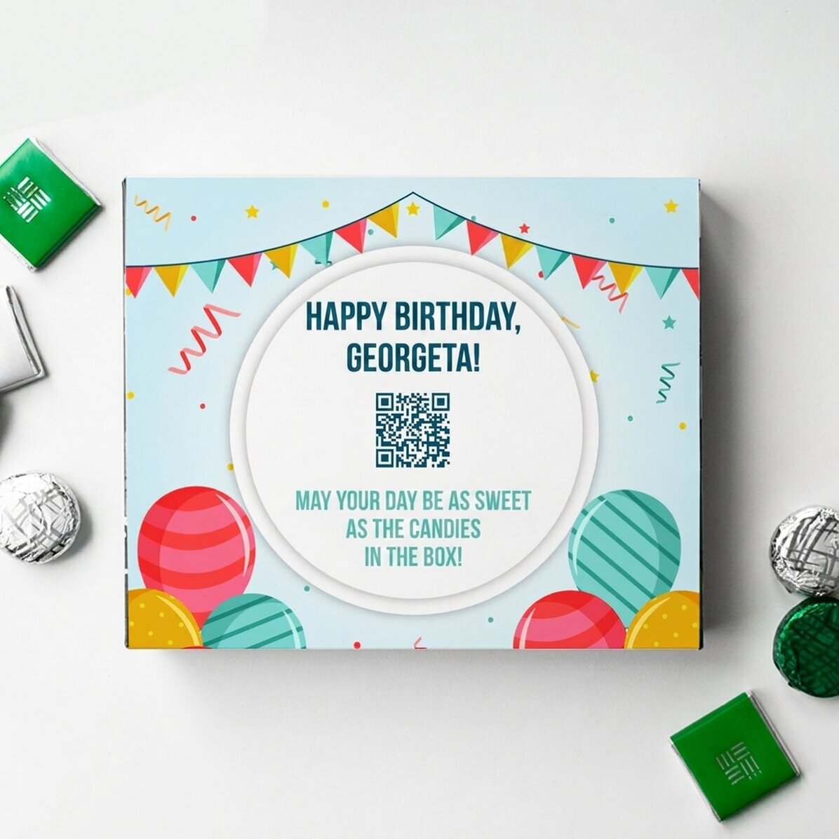 Scatola di caramelle personalizzata con messaggio e codice QR - Buon compleanno!