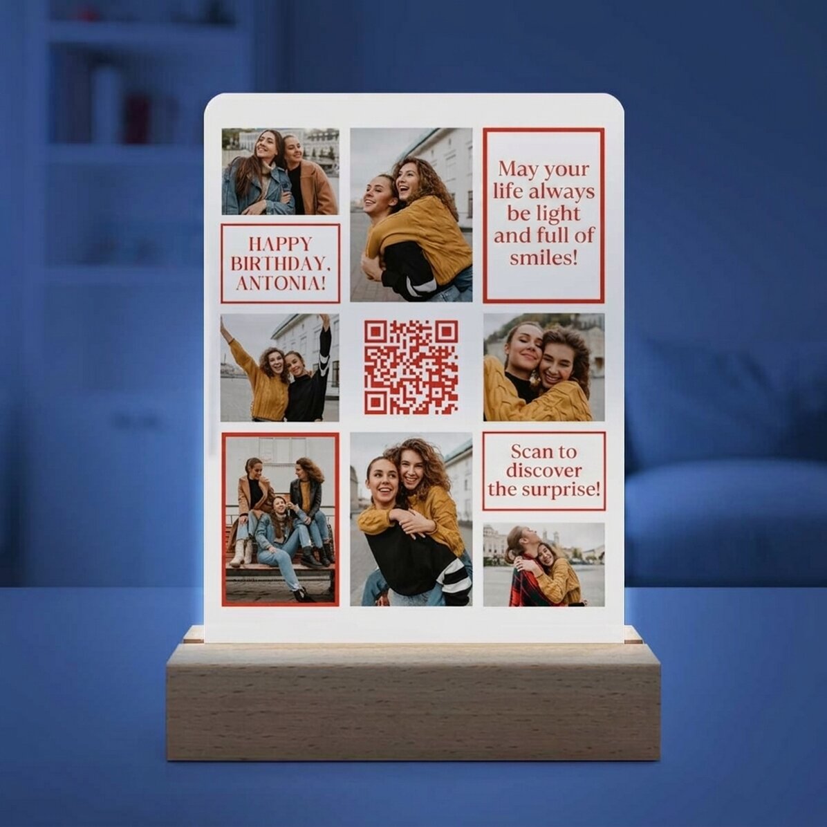 Lampada da comodino a LED personalizzata con 7 foto, messaggio e codice QR - Buon compleanno!