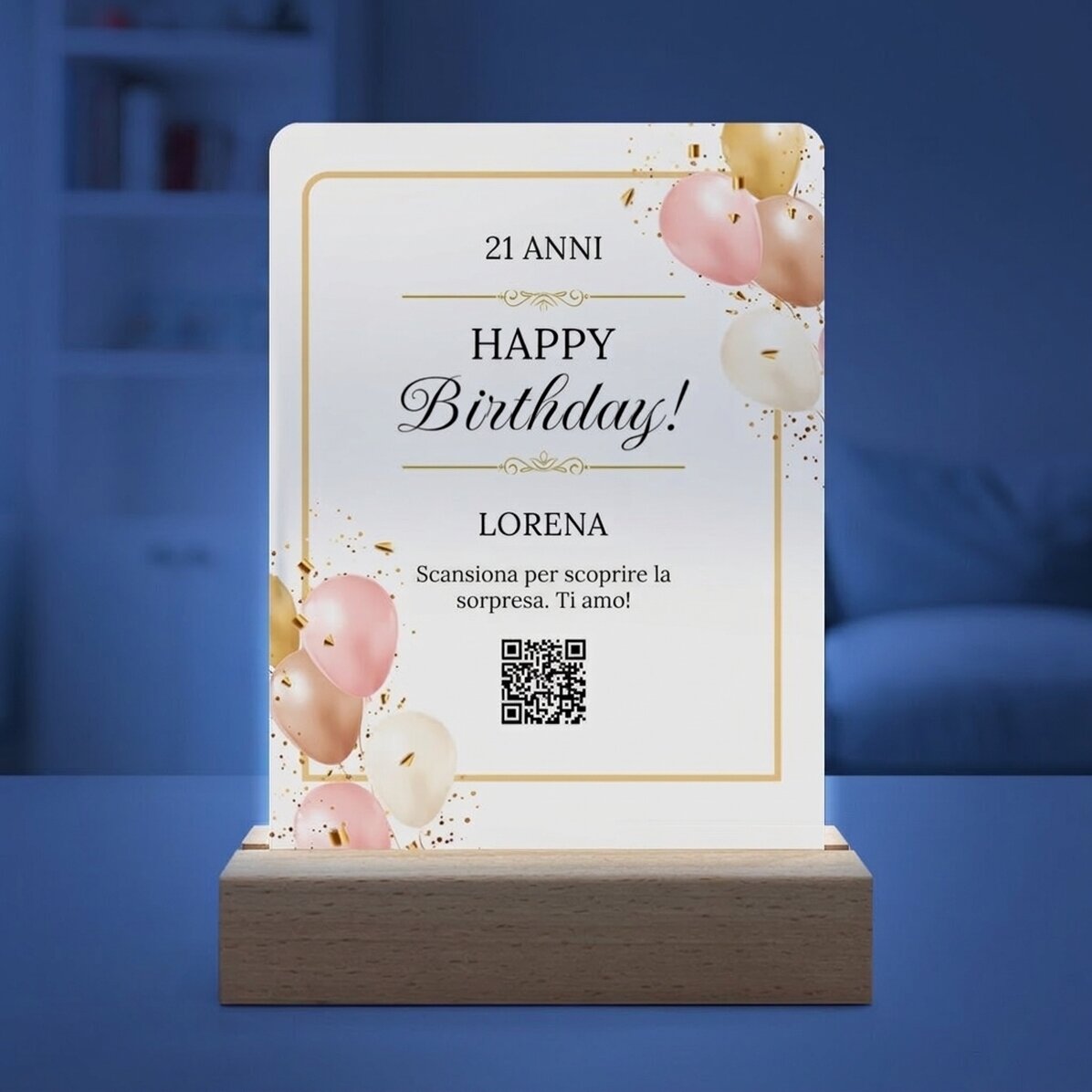 Lampada da comodino a LED personalizzata con messaggio e codice QR - Compleanno